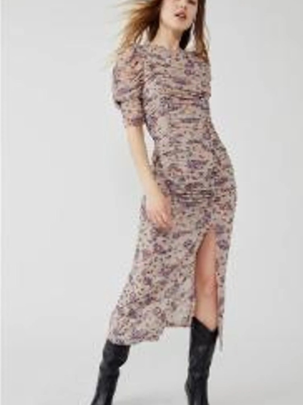 Free People Briella Midi Dress in a floral print with ruched detailing.